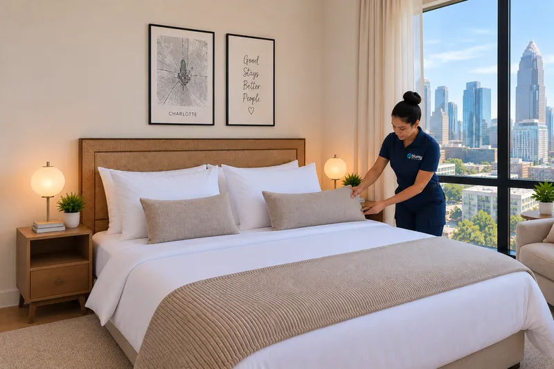 BLUMY professional preparing a short-term rental bedroom